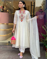 White Embroidery Chanderi Silk Dupatta Set